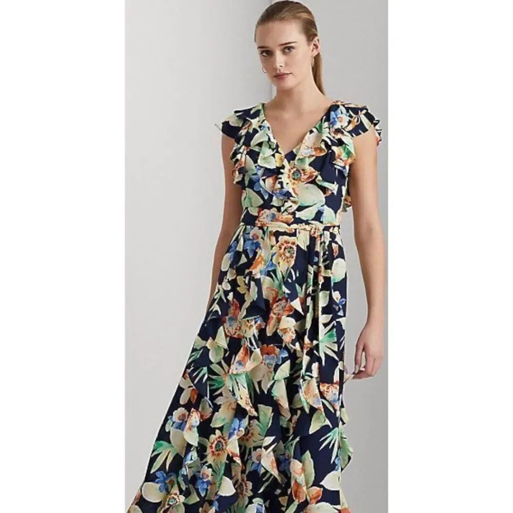Lauren Ralph Lauren Floral Crinkle Georgette Gown Ruffled Maxi Dress Women's 14